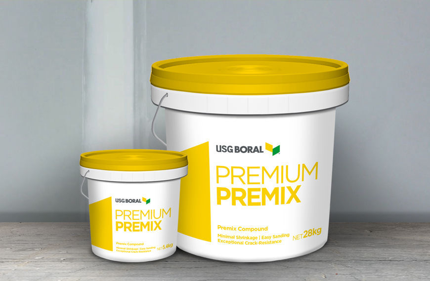 Two USG Boral Premium Premix packaging variants side by side